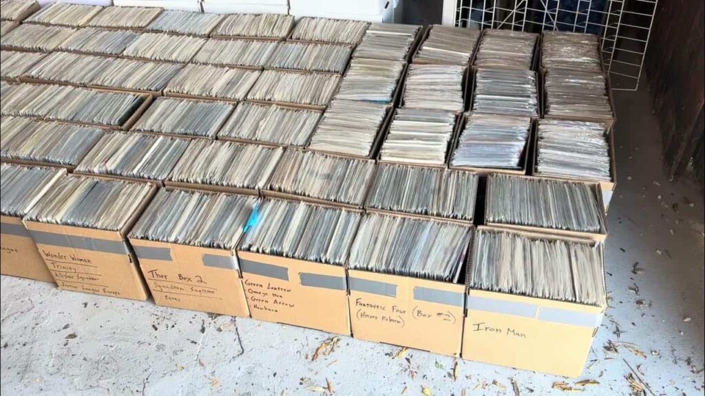 Row of over 400 comic book long boxes containing a 12,000-book estate collection of vintage and modern comics.